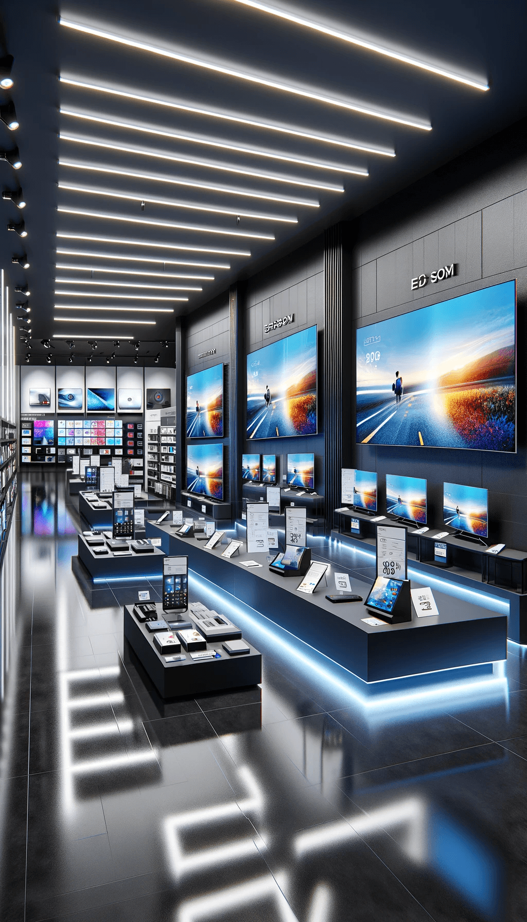 DALL·E 2024-02-09 10.27.44 - A photorealistic image of a modern electronics store interior. The store features an array of the latest flat-screen televisions displayed on a dark-c.png